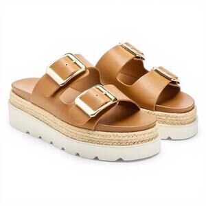 Madden Girl Mythicall Slide Sandals Size 10 Caramel Tan Buckle Platform Mule